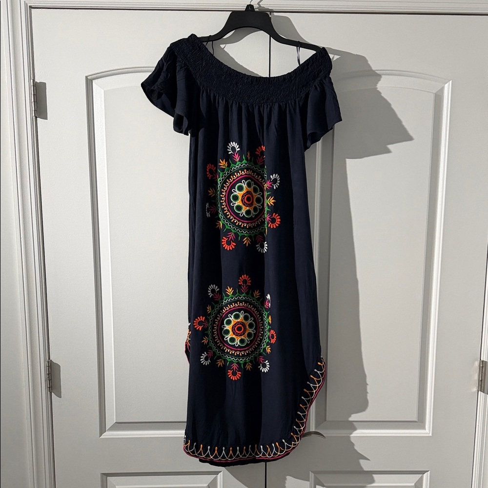 Off the Shoulder Mud Pie Navy Dress with Colorful Embroidery